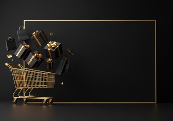 A gold shopping cart bursting with black gift boxes and shopping bags.