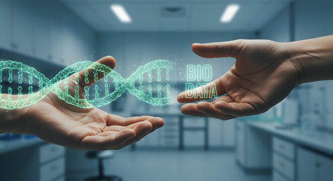 Hand sharing bio data on a dna helix a concept for biotechnology science research medical technology innovation and future collaboration in a laboratory