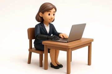 3D plastic figurine businesswoman with prosthetic arm working on laptop at desk symbolizing diversity, technology, and inclusion