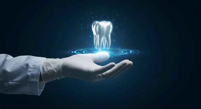 Dentist hand holding a tooth hologram a concept for future dentistry dental care technology medical innovation oral hygiene and modern implant treatment
