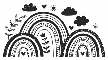 Hand drawn black and white rainbows with clouds, hearts, and flowers. Cute doodle illustration for kids and nursery decor.