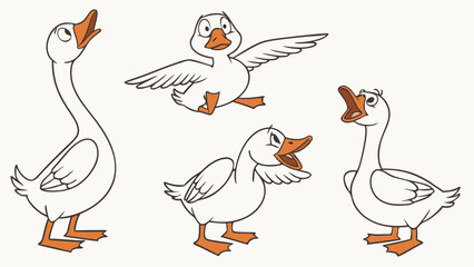 Funny Cartoon Geese and Ducks Set. Cute White Farm Birds with Various Expressions and Poses. Animal Character Collection.
