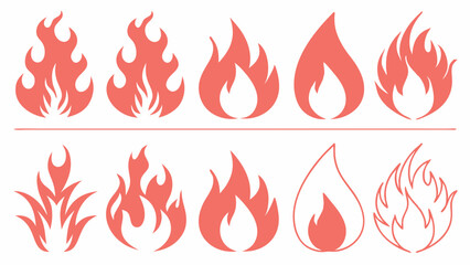 Fire and flame icons set. Various hot burning fire symbols for design. Heat, danger, energy, and power concept vector.