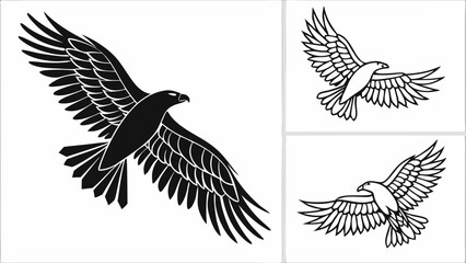 Obraz premium Black flying eagle with spread wings. Majestic bird of prey in flight. Nature wildlife freedom power symbol vector icon.