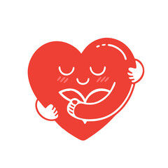 Cute red heart hugging itself – self love, kindness, care, mental health vector illustration, Vector logo design template and graphic element for advertising, branding, heart shape and love 