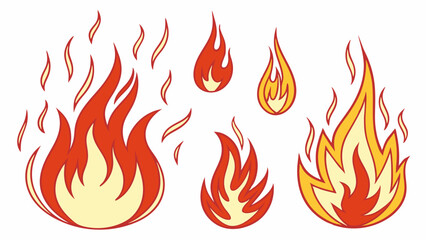 Set of cartoon fire flames. Red, orange, yellow burning icons. Hot heat blaze collection for danger and energy.