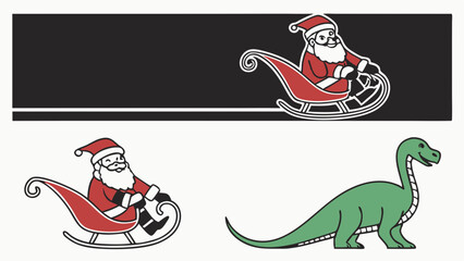 Fototapeta premium Santa Claus riding sleigh and cute green dinosaur cartoon illustration. Christmas holiday winter season design elements for kids.