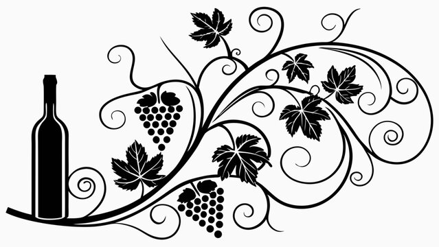 Elegant black silhouette wine bottle, grapes, and vine scroll design. Decorative element for winery restaurant menu.