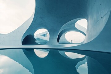 Fototapeta premium Abstract architectural interior with curved walls and water reflection in blue tones.