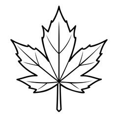 A simple black and white line drawing of a maple leaf, isolated, showcasing its iconic fivepointed shape and detailed veins