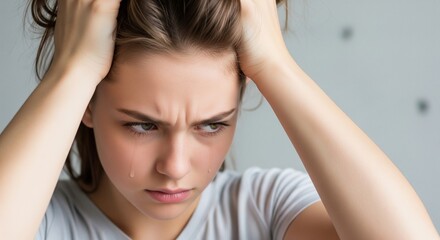 Obraz premium Close-up of a Frustrated Girl with Hands on Head