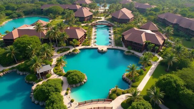 Aerial top view of Secrets Royal Beach Punta Cana hotel's landscaped grounds, complete with a lake, a bridge, forms a picturesque tropical setting. Zoom out. Space for text