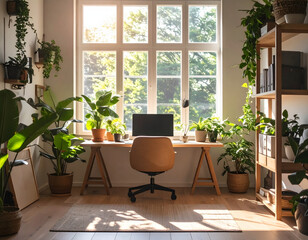 Fototapeta premium Home Office with Lush Greenery: An inviting home office bathed in natural light, adorned with an array of vibrant indoor plants creating a serene and productive atmosphere. 