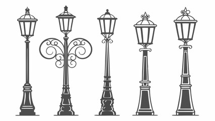 Vintage street lamps collection, classic lampposts set. Retro and antique style city lights isolated on white background vector.