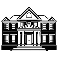 A classic, stately mansion with a grand entrance and columns, presented in a bold black and white illustration style, isolated