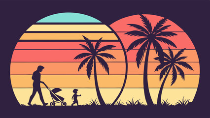 Retro style father and child walking with baby stroller on tropical beach at sunset. Family summer vacation.