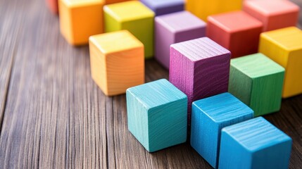 Obraz premium Colorful wooden blocks on dark wood background