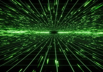 Green light tunnel with lines and a perspective view, a futuristic abstract design.