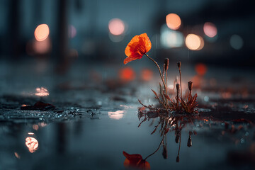 Fototapeta premium Single Poppy Blooms in Reflective Puddle Amidst Urban Bokeh Lights