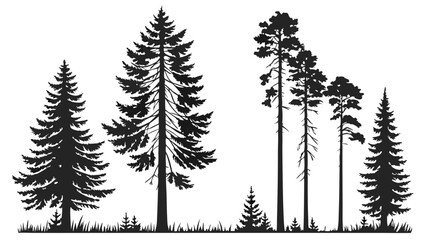 Black and white forest trees silhouette. Evergreen pine and spruce trees in nature. Woodland landscape background outdoor.