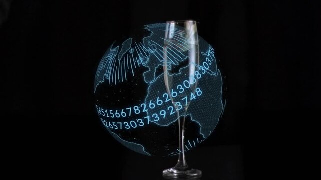 Strawberry descending into flute creating splash as rotating holographic globe wrapping data