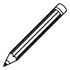 A simple black and white line drawing of a sharpened pencil, isolated, symbolizing writing, education, and creativity