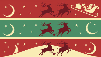 Christmas holiday banners with flying reindeer, Santa's sleigh, stars, and moon. Festive winter season background design.