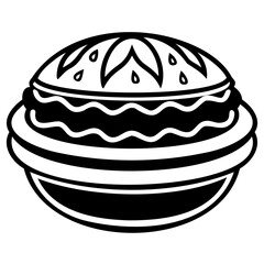 A black and white illustration of a pie with a decorative crust, presented in a simple, clean style