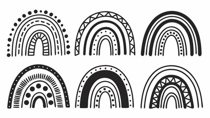 Black and white doodle rainbows set. Hand drawn cute boho line art collection. Simple minimalist vector elements.