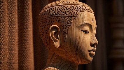 Wooden Classical Bust Sculpture with Thai Patterns on Fabric Backdrop &ndash; Fine Art Photography with Natural Lighting