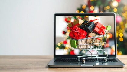 Festive ECommerce Miniature Shopping Cart Full of Gifts on a Laptop Keyboard.