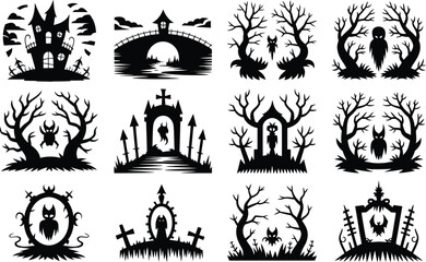 A set of gothic horror silhouettes featuring spooky graveyard scenes, bats, owls, and haunted mansions