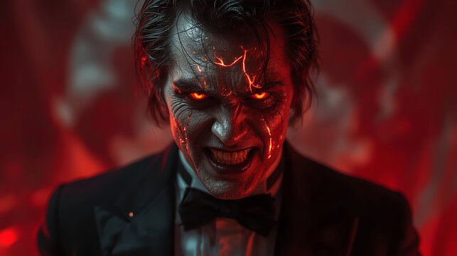 A terrifying aristocratic demon with glowing molten eyes, a corrupt government politician