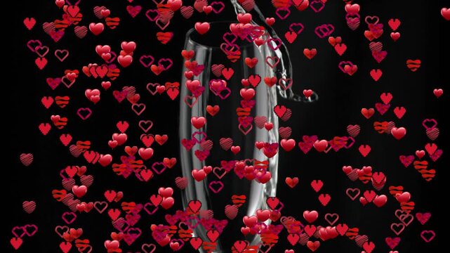 Heart icons rising around champagne flute, hearts swirling, droplet landing pouring splashes