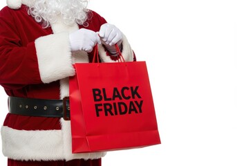 Santa Claus with a 'Black Friday' shopping bag, ready for holiday sales.