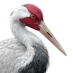 Png of closeup of a sarus crane head isolated on transparent background, showcasing its distinctive red head and grey plumage in a detailed portrait © PNGify