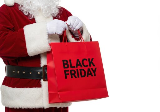 Santa Claus with a 'Black Friday' shopping bag, ready for holiday sales.
