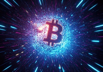 Bitcoin symbol explodes with vibrant blue and purple energy in this eye-catching digital art piece.