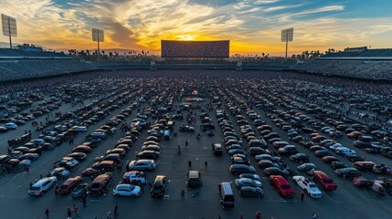 Vast parking lot filled with cars at sunset, large crowd in stadium.