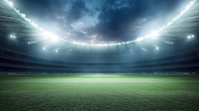 Floodlit stadium at night green field and full stands