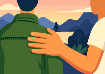 Close-up of a hand gently patting a friend's shoulder, symbolizing support, encouragement, empathy, and emotional connection.