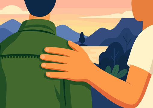 Close-up of a hand gently patting a friend's shoulder, symbolizing support, encouragement, empathy, and emotional connection.