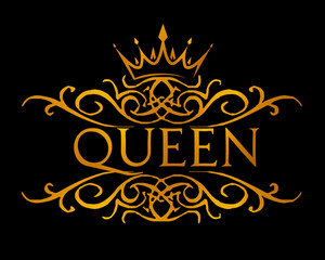 Queen Text in Gold with Filigree Design and Crown on Dark Background