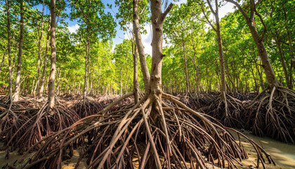 Mangrove forest with dense aerial roots and green leaves under blue sky, natural wetland ecosystem with sunlight shining through, vibrant and lush environment