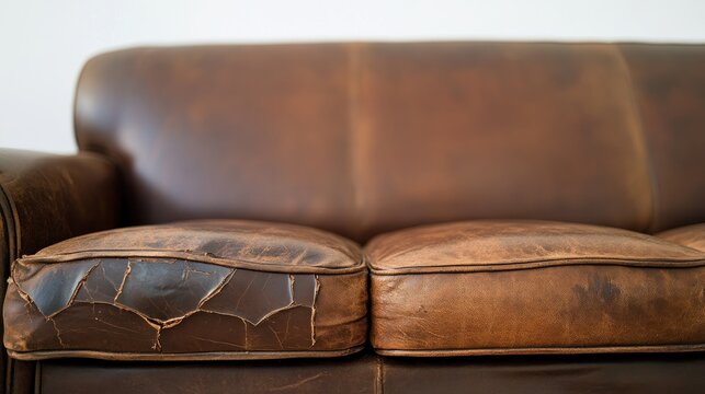 Worn brown leather couch close up indoors