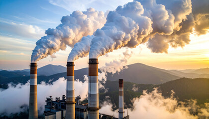 Power plant chimney smoke pollution with mountain landscape and sunset sky background, environmental impact and industrial emissions concept