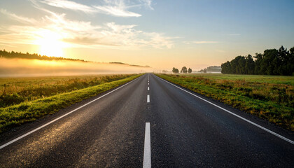 Sunrise road fog field sky trees empty landscape nature morning asphalt countryside horizon mist rural sunlight travel outdoors scenic peaceful open lane green environment dawn empty road