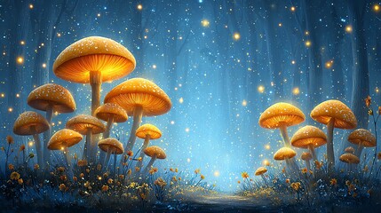 enchanted forest clearing with giant glowing mushrooms and fireflies illuminating the night, magical fantasy scene