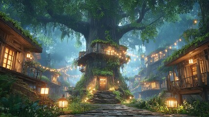 fairy village built inside giant ancient trees, glowing lanterns lighting pathways, dreamy fantasy forest