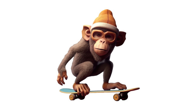 Chimpanzee skateboarding, cartoon style